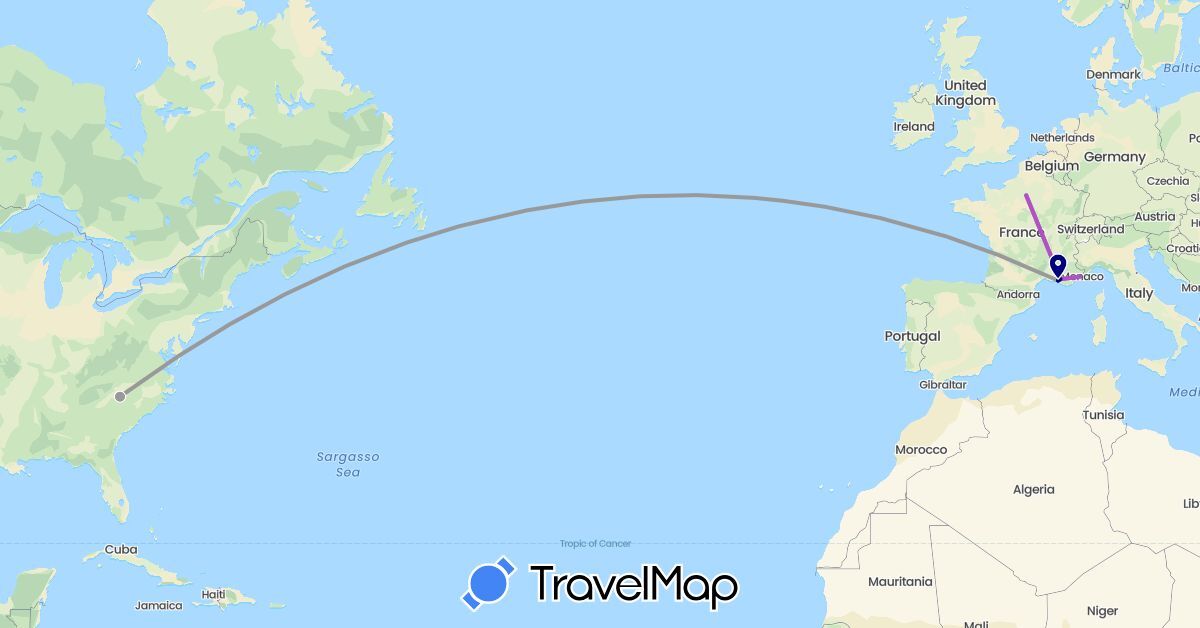 TravelMap itinerary: driving, plane, cycling, train in France, United States (Europe, North America)